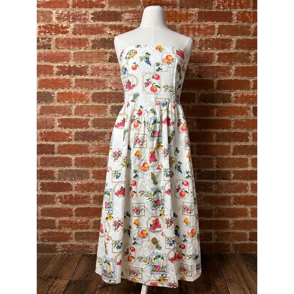 Fruit Postage Stamp Strapless Maxi Dress White 100% Cotton M Costal Cottagecore
